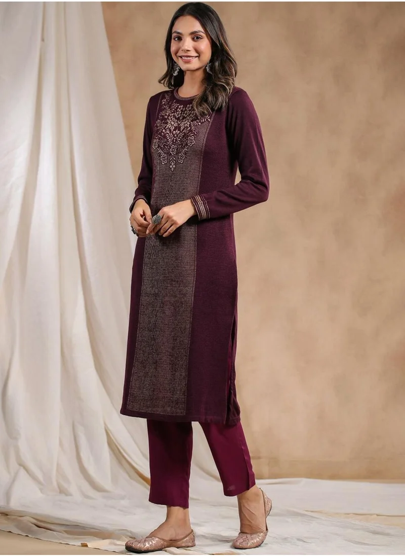 آي شين Women's Mauve Polyester Blend Embellished Tunic Straight Fit Kurta