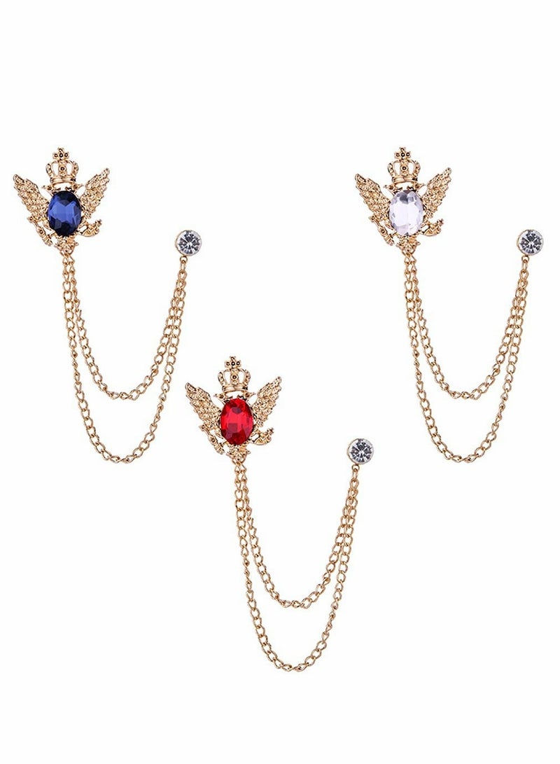 3 Pcs Men's Rhinestone Brooch Set, Crystal Lapel Pins, Hanging Chain Coat Pins, Elegant Accessories for Weddings, Bouquets, Clothing, Scarves, and Corsages. - Image 1