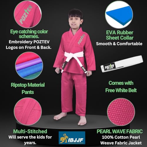 POZTEV Kids Brazilian Jiu Jitsu Gi for Kids BJJ Gi Youth Grappling Kimonos Preshrunk Lightweight Children Martial Arts Training Uniform with Free White Belt (P,K00) - Image 2