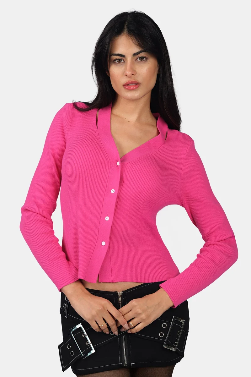 فيرجيو Self Design Cotton V-Neck Button Down Knit Cardigan for Women