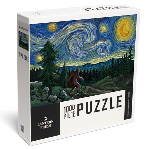 Lantern Press Starry Night Bigfoot 1000 Piece Jigsaw Puzzle for Adults Made in USA with Reference Poster - Image 1