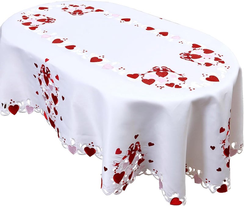 Grelucgo Embroidered Decorative Tablecloth for February 14th White with Red and Pink Hearts Pattern Oval 57x84 inches - Image 1