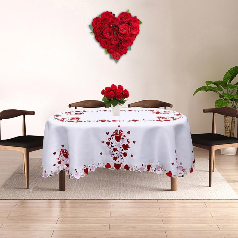 Grelucgo Embroidered Decorative Tablecloth for February 14th White with Red and Pink Hearts Pattern Oval 57x84 inches - Image 4