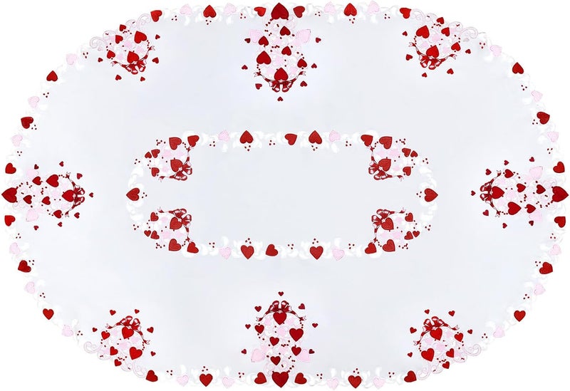 Grelucgo Embroidered Decorative Tablecloth for February 14th White with Red and Pink Hearts Pattern Oval 57x84 inches - Image 2