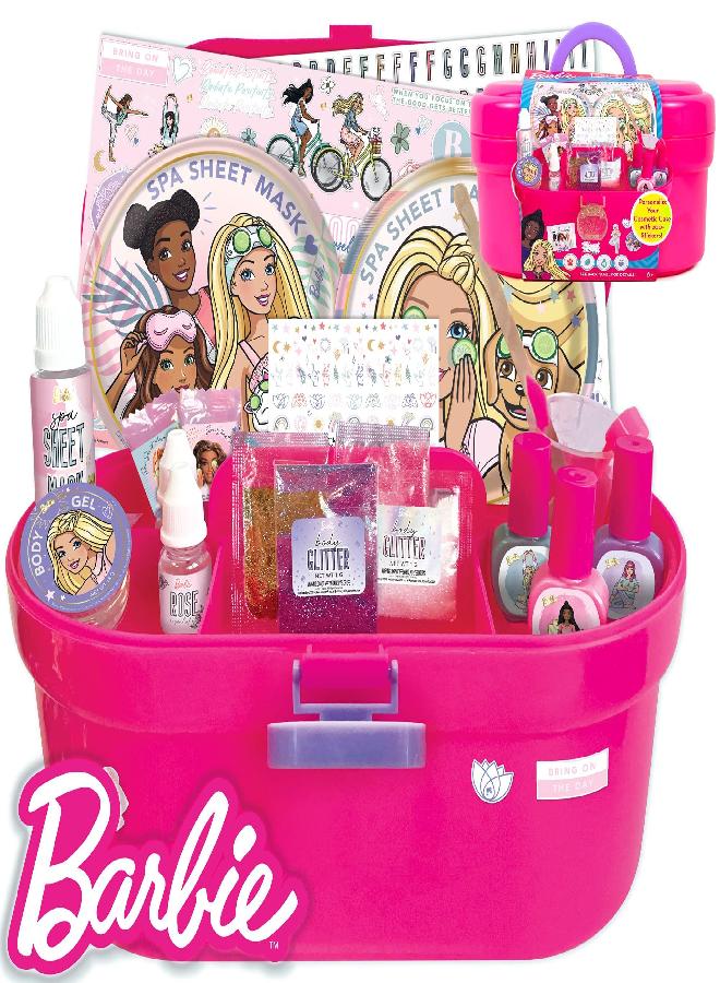 Barbie Cosmetic Case by Horizon Group USA, DIY Beauty Kit for an at-Home Spa Day, Create Your Own Face Sheet Masks, Nail Art & Body Glitter, Includes Reusable Storage Case with Removable Tray - Image 3
