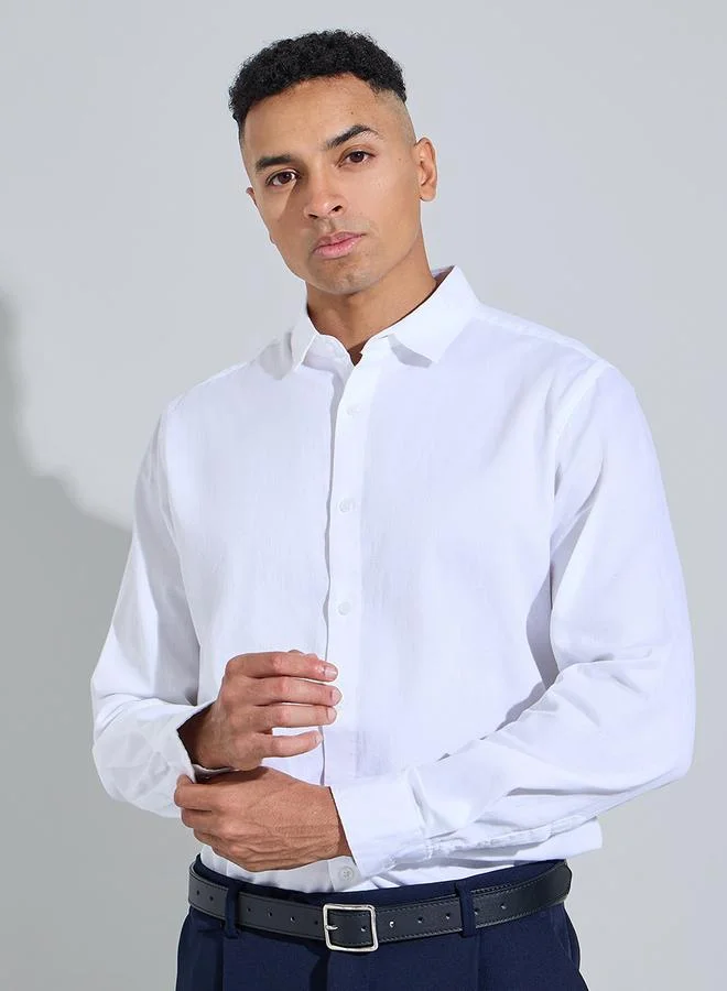 White Solid Textured Regular Fit Shirt