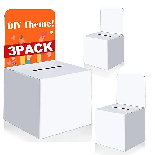 VOISEN VOSIEN Raffle Box,3 Pcs Raffle Boxes with Slot,Cardboard Ballot Boxes and Removable Header for Collecting Business Card Voting Contest (White) - Image 1