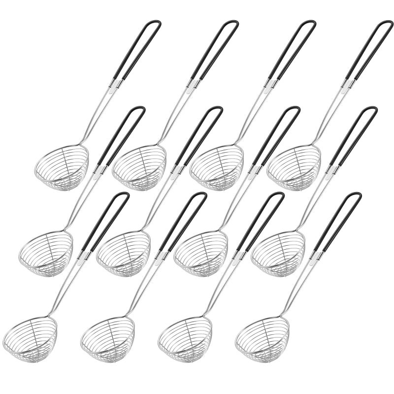 Geiserailie Geiserailie Stainless Steel Hot Pot Strainer Scoops 25 Inch Mini Spider Strainer Skimmer Pasta Mesh Strainer Spoon Asian Skimmer Spoon Ladle with Handle for HomeBlack12 Pieces 