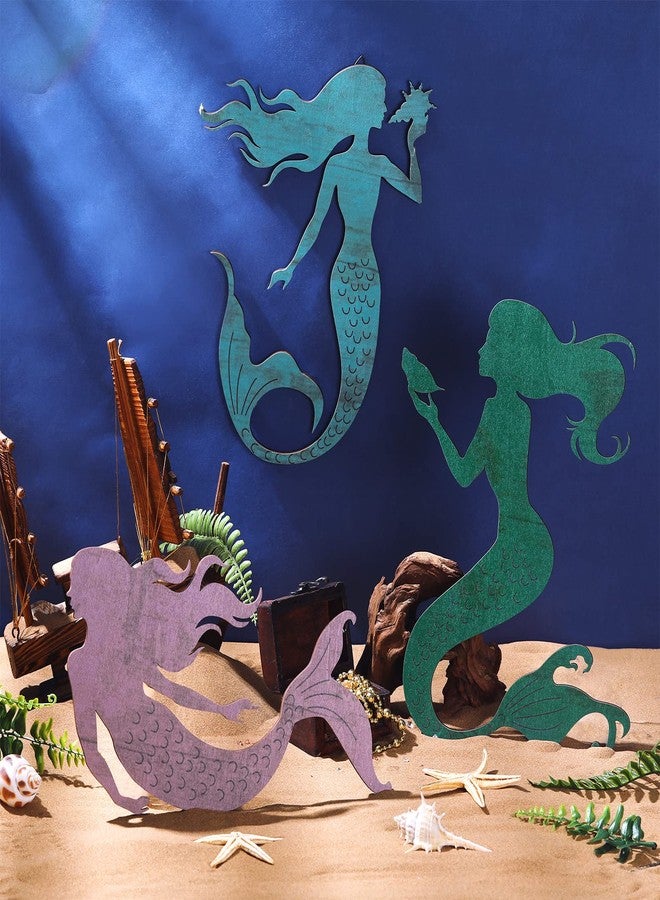Qunclay Set of 3 Mermaid Wall Bathroom Decor Wooden Silhouettes Mermaid Art Hanging Farmhouse Ocean Themed Wall Decorations for Bedroom Room Accessories Rustic Elegant - Image 3