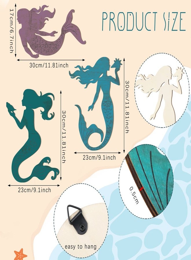 Qunclay Set of 3 Mermaid Wall Bathroom Decor Wooden Silhouettes Mermaid Art Hanging Farmhouse Ocean Themed Wall Decorations for Bedroom Room Accessories Rustic Elegant - Image 2