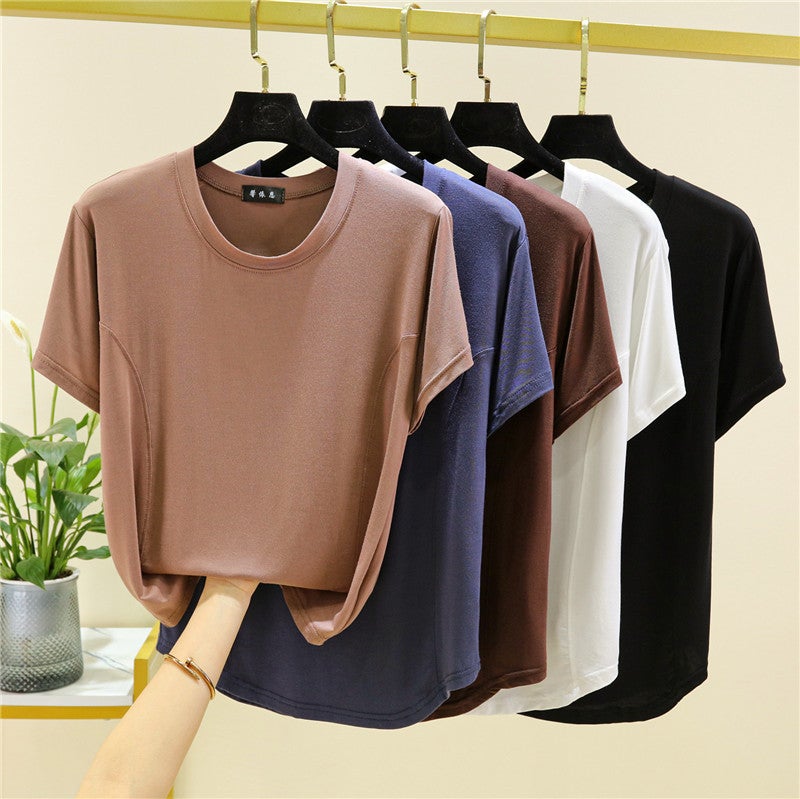 Modal Short-sleeved T-shirt Women's 2023 Summer Stitching Loose Pullover Top Fashionable All-match Round Neck Base Shirt - Image 3