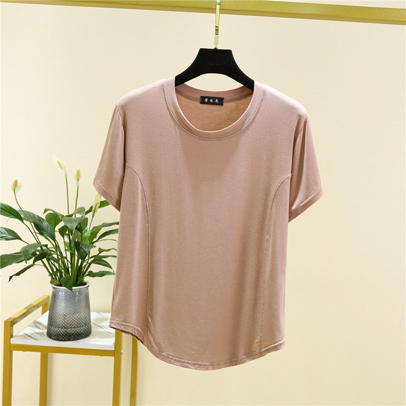 Modal Short-sleeved T-shirt Women's 2023 Summer Stitching Loose Pullover Top Fashionable All-match Round Neck Base Shirt - Image 1
