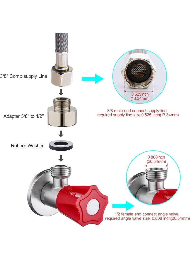 G 1/2 Female to 3/8 Male COMP Reducer Adapter, Brass Pipe Fittings Water Hose Adapter, Compression Fitting for Kitchen Bathroom Faucet, Pipe Connector with Rubber Washer,(2 Pack) - Image 2