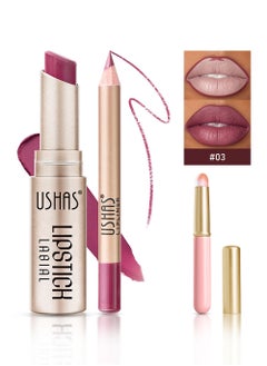 Ushas 3 Pcs Lip Liner & Lipstick Set, Long-Lasting Matte Waterproof Lip Liner and Lipstick Combo With Pink Lip Brush, Lips Makeup Gift Kit for Women#3  - Image 1