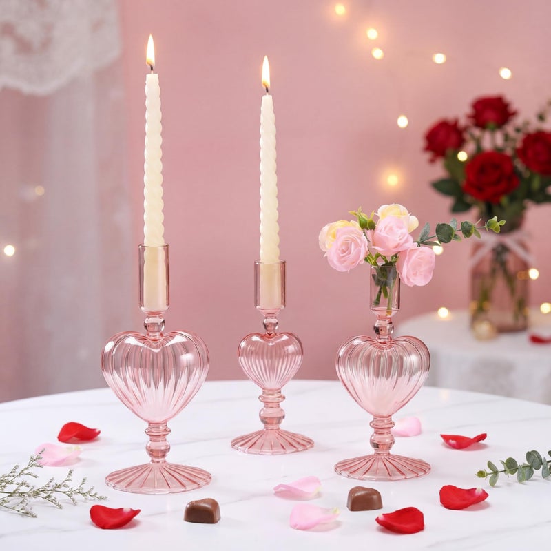 Maxdot 3 Pcs Valentine's Day Pink Glass Candle Holders Pink Heart Glass Taper Candle Holders Heart Candlestick Vase Decor for Valentines Wedding Receptions Festival Party Table Centerpieces Decoration - Image 4