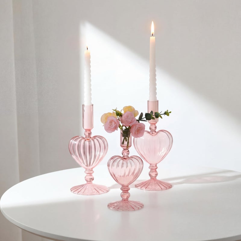 Maxdot 3 Pcs Valentine's Day Pink Glass Candle Holders Pink Heart Glass Taper Candle Holders Heart Candlestick Vase Decor for Valentines Wedding Receptions Festival Party Table Centerpieces Decoration - Image 1