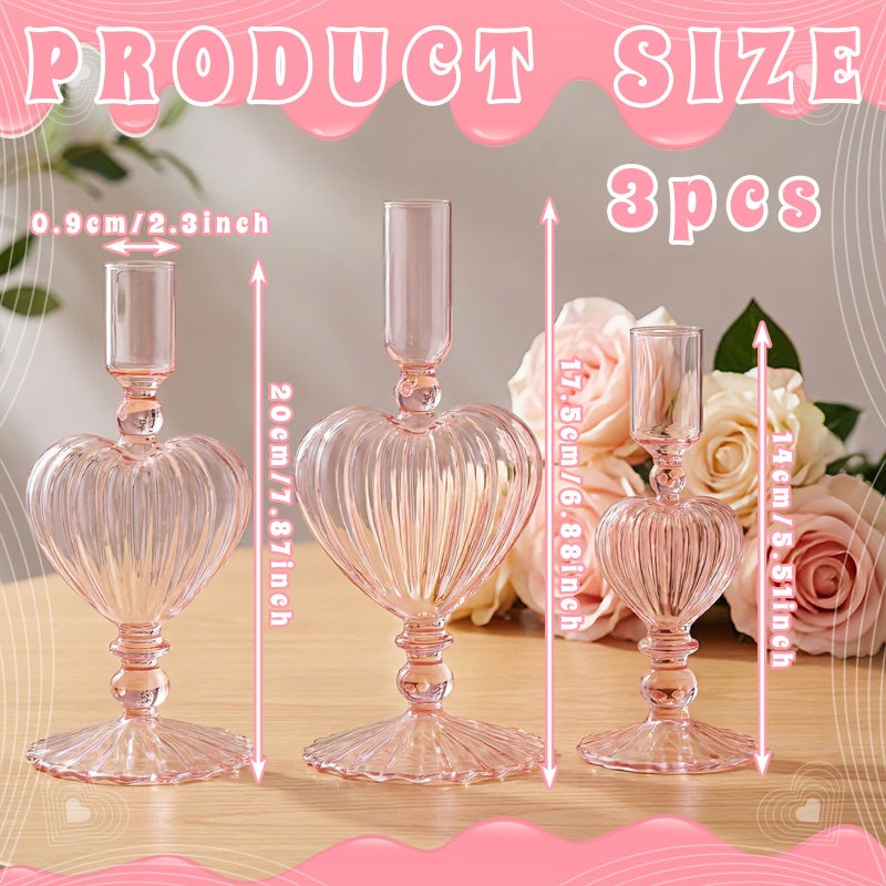 Maxdot 3 Pcs Valentine's Day Pink Glass Candle Holders Pink Heart Glass Taper Candle Holders Heart Candlestick Vase Decor for Valentines Wedding Receptions Festival Party Table Centerpieces Decoration - Image 3