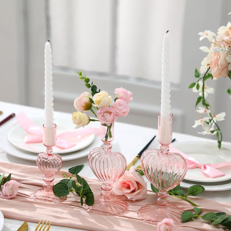 Maxdot 3 Pcs Valentine's Day Pink Glass Candle Holders Pink Heart Glass Taper Candle Holders Heart Candlestick Vase Decor for Valentines Wedding Receptions Festival Party Table Centerpieces Decoration - Image 5