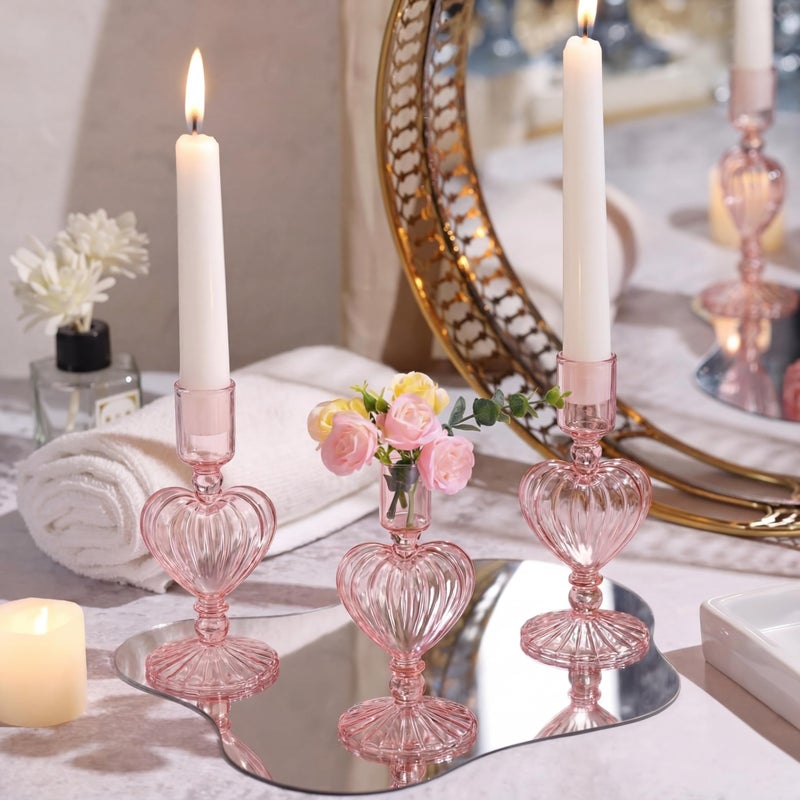 Maxdot 3 Pcs Valentine's Day Pink Glass Candle Holders Pink Heart Glass Taper Candle Holders Heart Candlestick Vase Decor for Valentines Wedding Receptions Festival Party Table Centerpieces Decoration - Image 2