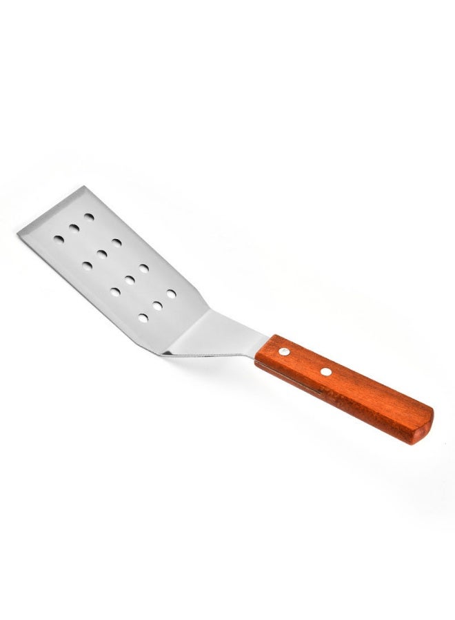 2-Pc Stainless Steel Spatula Set, Wooden Handle, Beveled Edge & Grease-Drain Perforated Turner, Flat Top Grill Tools for Teppanyaki BBQ Camping - Image 4