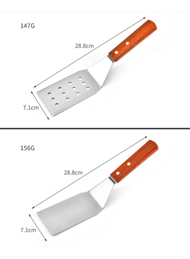 2-Pc Stainless Steel Spatula Set, Wooden Handle, Beveled Edge & Grease-Drain Perforated Turner, Flat Top Grill Tools for Teppanyaki BBQ Camping - Image 2