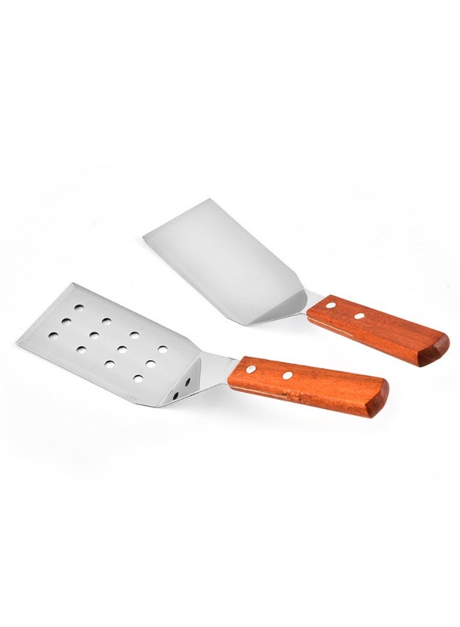 2-Pc Stainless Steel Spatula Set, Wooden Handle, Beveled Edge & Grease-Drain Perforated Turner, Flat Top Grill Tools for Teppanyaki BBQ Camping - Image 5