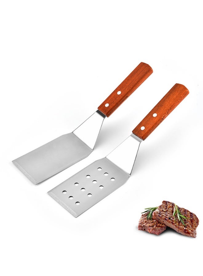 2-Pc Stainless Steel Spatula Set, Wooden Handle, Beveled Edge & Grease-Drain Perforated Turner, Flat Top Grill Tools for Teppanyaki BBQ Camping - Image 1