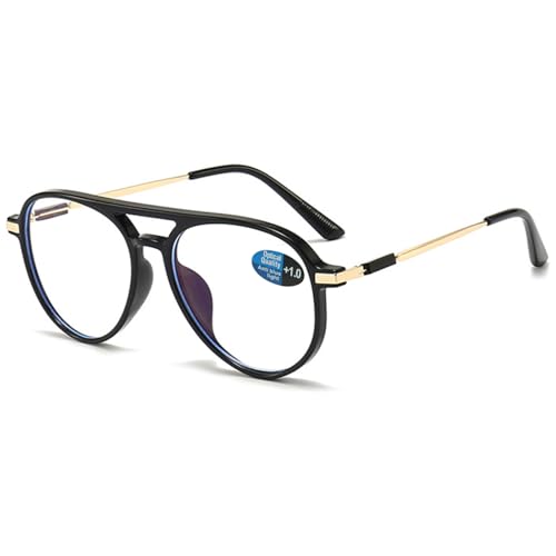 ABETOS Aviator Reading Glasses for Women Men Blue Light Blocking Oval Retro Fashion Double Bridge Computer Reader, Bright Black+1.0 - Image 1