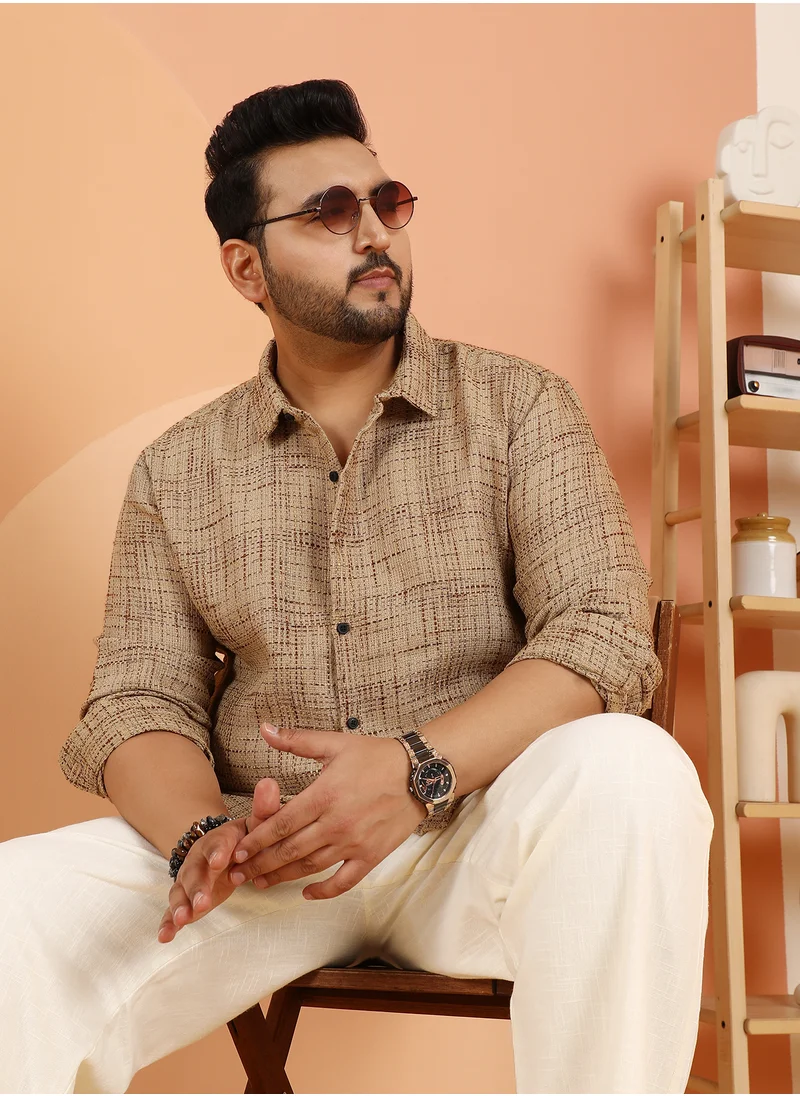 انستافاب بلس Instafab Plus Men's Khaki Beige Contrast Interweave Shirt For Casual Wear | Spread Collar | Long Cuffed Sleeves | Button Closure | Plus Size Shirt Crafted With Comfort Fit For Everyday Wear