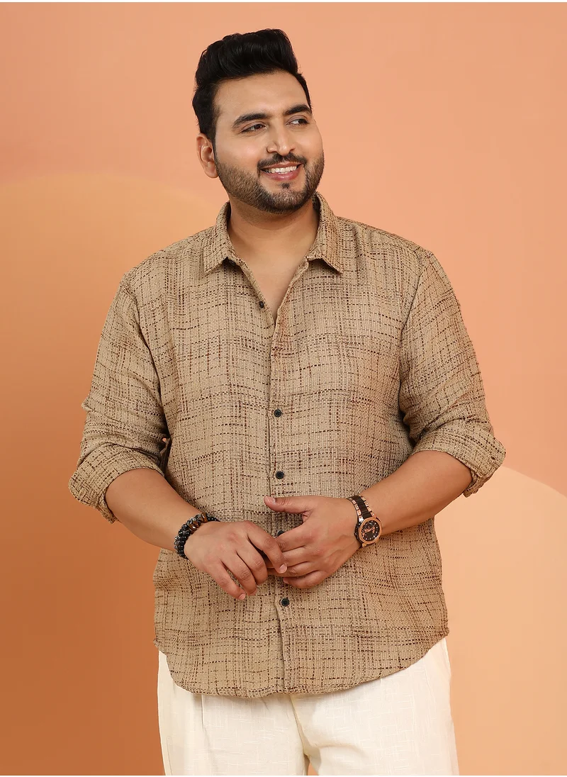 انستافاب بلس Instafab Plus Men's Khaki Beige Contrast Interweave Shirt For Casual Wear | Spread Collar | Long Cuffed Sleeves | Button Closure | Plus Size Shirt Crafted With Comfort Fit For Everyday Wear
