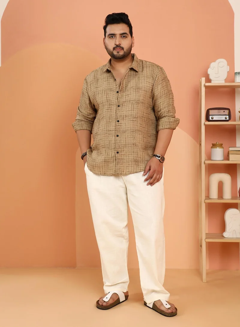Instafab Plus Instafab Plus Men's Khaki Beige Contrast Interweave Shirt For Casual Wear | Spread Collar | Long Cuffed Sleeves | Button Closure | Plus Size Shirt Crafted With Comfort Fit For Everyday Wear