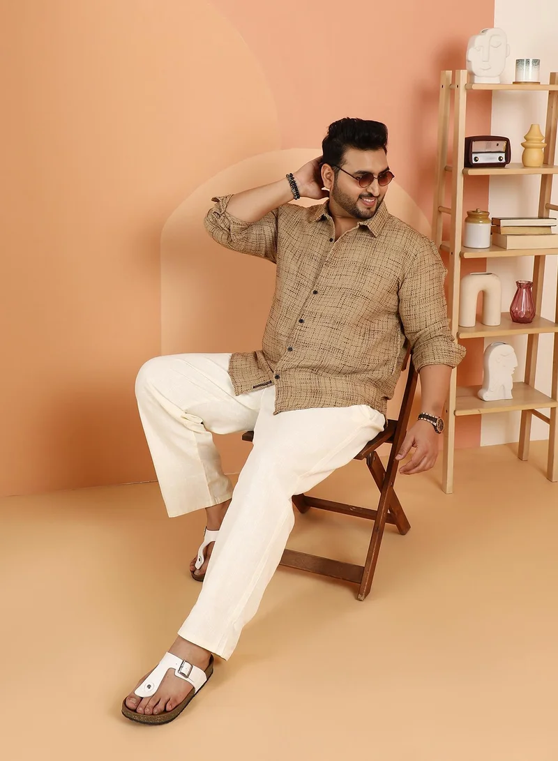 Instafab Plus Instafab Plus Men's Khaki Beige Contrast Interweave Shirt For Casual Wear | Spread Collar | Long Cuffed Sleeves | Button Closure | Plus Size Shirt Crafted With Comfort Fit For Everyday Wear
