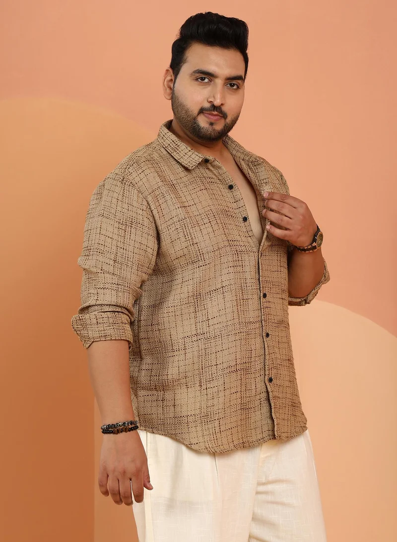 Instafab Plus Instafab Plus Men's Khaki Beige Contrast Interweave Shirt For Casual Wear | Spread Collar | Long Cuffed Sleeves | Button Closure | Plus Size Shirt Crafted With Comfort Fit For Everyday Wear