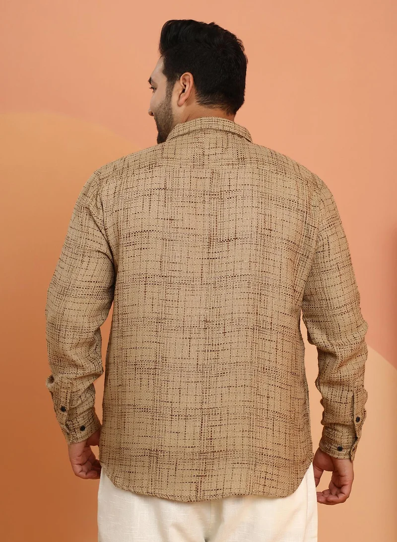 Instafab Plus Instafab Plus Men's Khaki Beige Contrast Interweave Shirt For Casual Wear | Spread Collar | Long Cuffed Sleeves | Button Closure | Plus Size Shirt Crafted With Comfort Fit For Everyday Wear