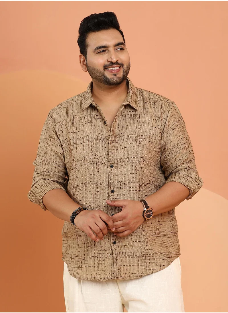 انستافاب بلس Instafab Plus Men's Khaki Beige Contrast Interweave Shirt For Casual Wear | Spread Collar | Long Cuffed Sleeves | Button Closure | Plus Size Shirt Crafted With Comfort Fit For Everyday Wear