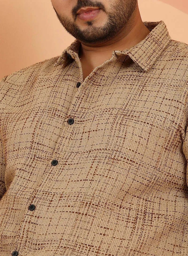 Instafab Plus Instafab Plus Men's Khaki Beige Contrast Interweave Shirt For Casual Wear | Spread Collar | Long Cuffed Sleeves | Button Closure | Plus Size Shirt Crafted With Comfort Fit For Everyday Wear