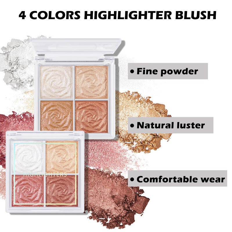 Boobeen Blush and Highlighter Palette- 4-color Metallic Shimmer Shadow Powder, Illuminator Makeup Set for Shading, Highlighting & Defining the Face - Image 4