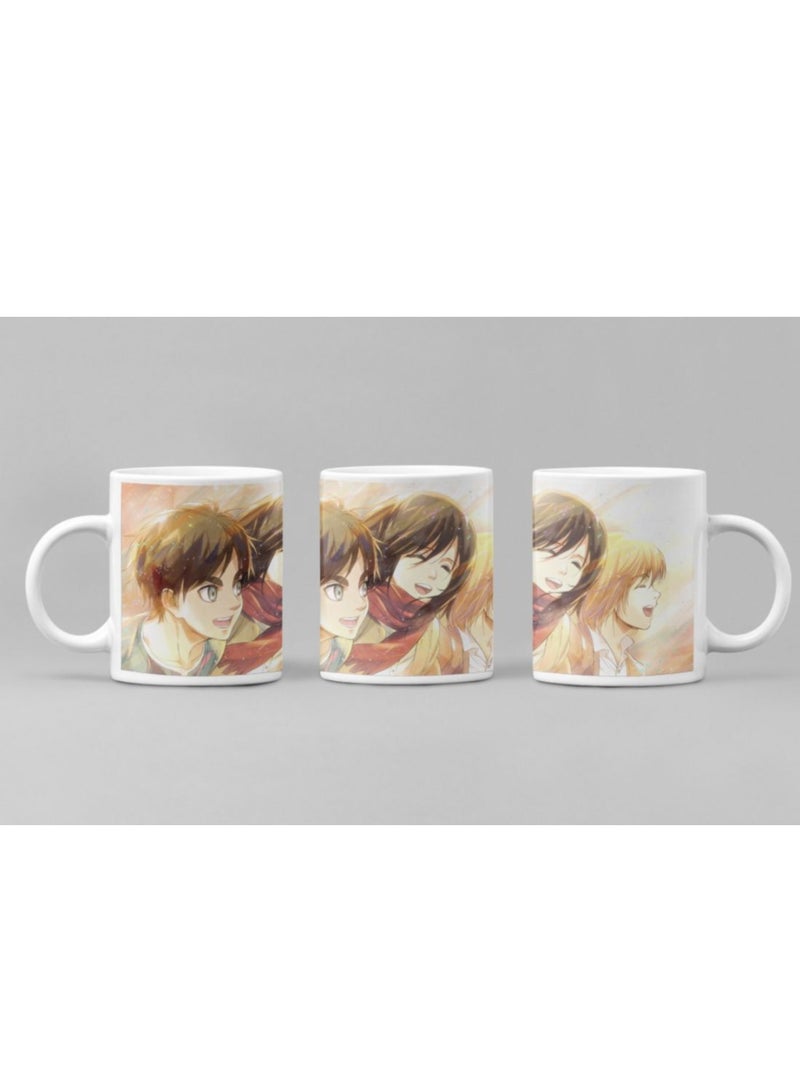 حكاية شمعة مج من السيراميك بطبعة تصميم " ايرين و ميكاسا و ارمين" بلون أبيض - Image 1