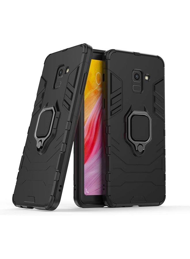 إيروريكس جراب متوافق مع Galaxy A8 Plus 2018، جراب معدني بحلقة قبضة، حامل مضاد للصدمات، متين، يعمل مع حامل السيارة المغناطيسي، غطاء مزدوج الطبقات قوي لهاتف Samsung Galaxy A8 Plus 2018، أسود - Image 1