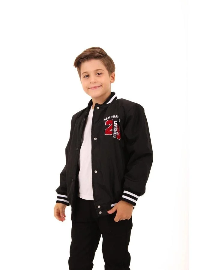 Perendi 28-Embroidered Boys' Black Bomber Jacket.