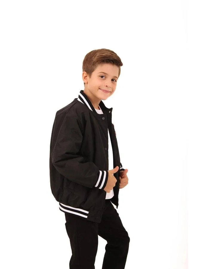 Perendi 28-Embroidered Boys' Black Bomber Jacket.
