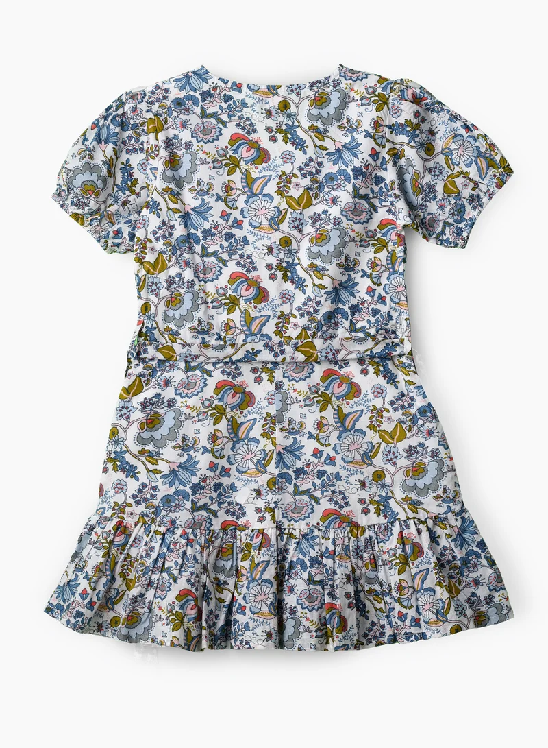 Jelliene Girls Blue Multicolor Belted Ruffle Dress