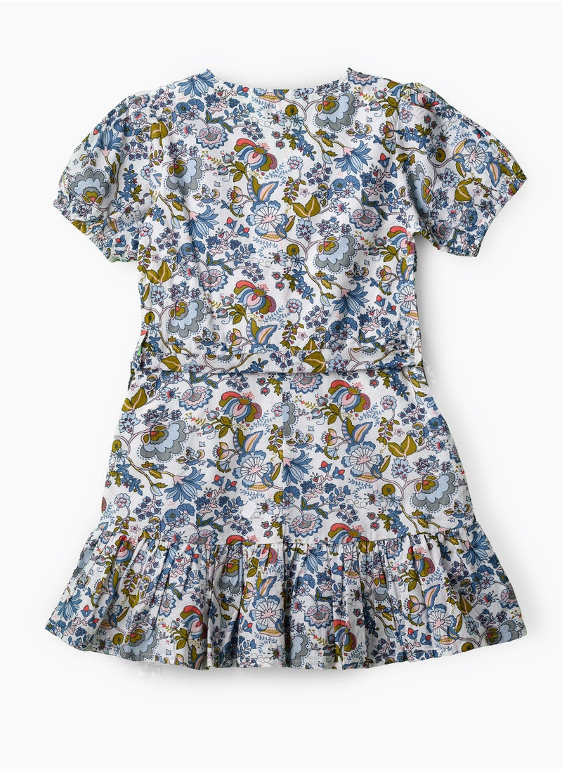 Jelliene Girls Blue Multicolor Belted Ruffle Dress  - Image 2