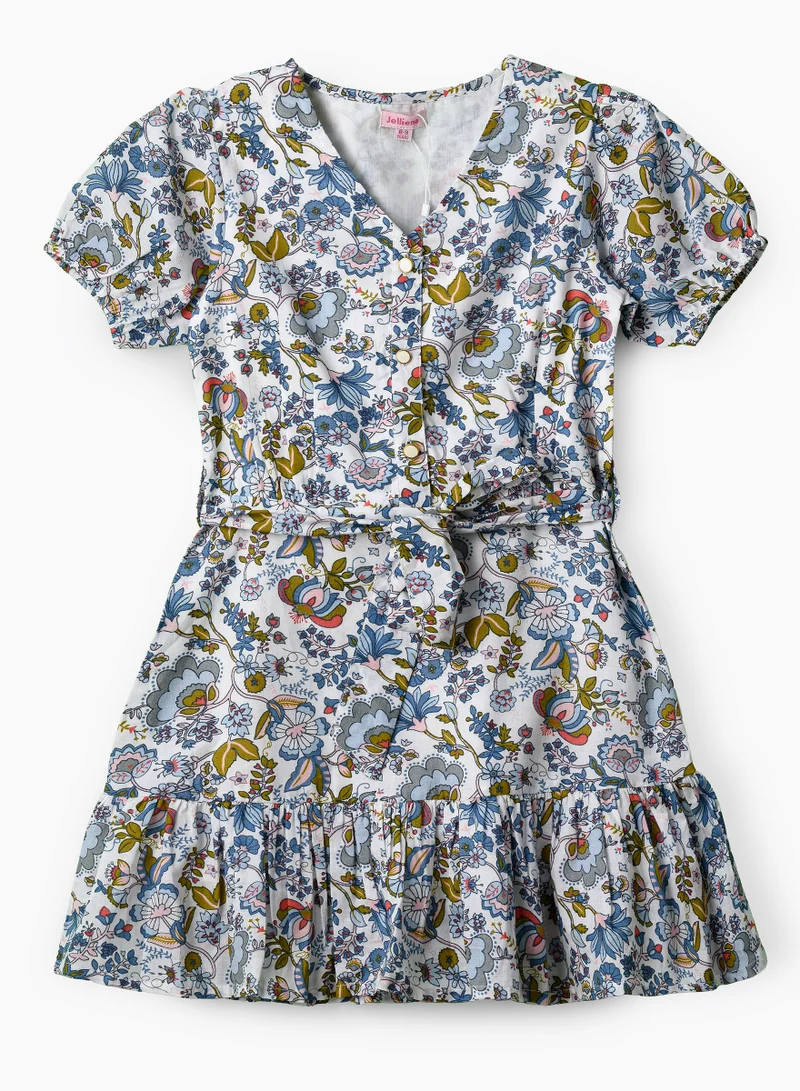 Jelliene Girls Blue Multicolor Belted Ruffle Dress