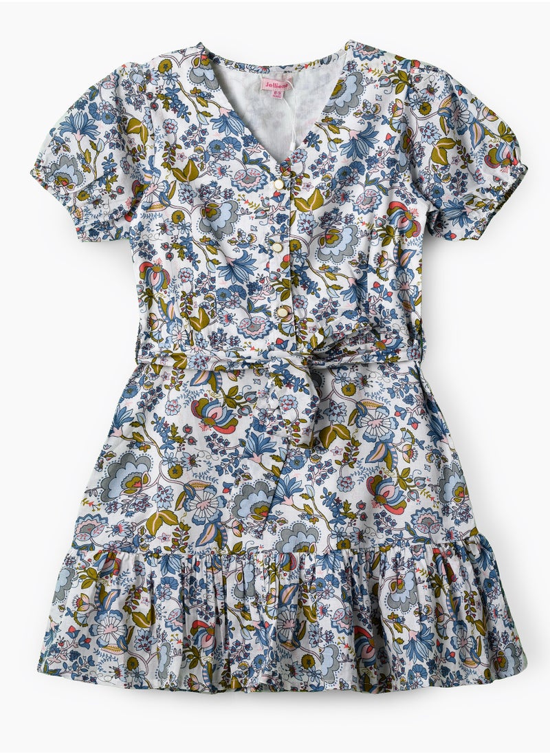Jelliene Girls Blue Multicolor Belted Ruffle Dress  - Image 1