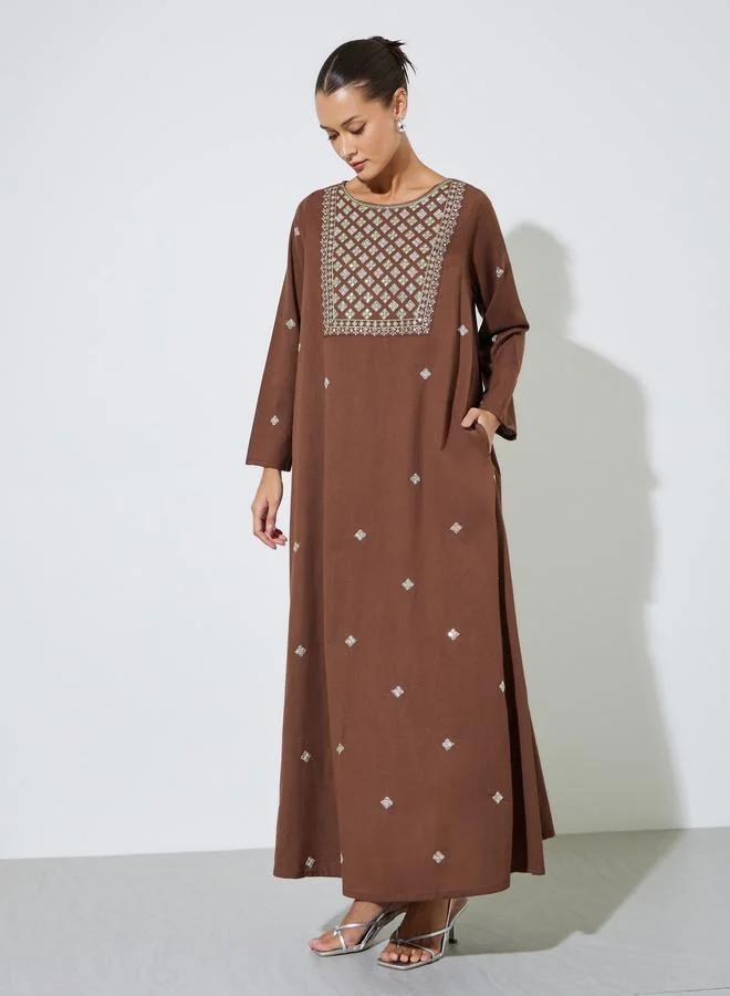 Amirah Brown Long Sleeves Embroidered Maxi Jalabiya