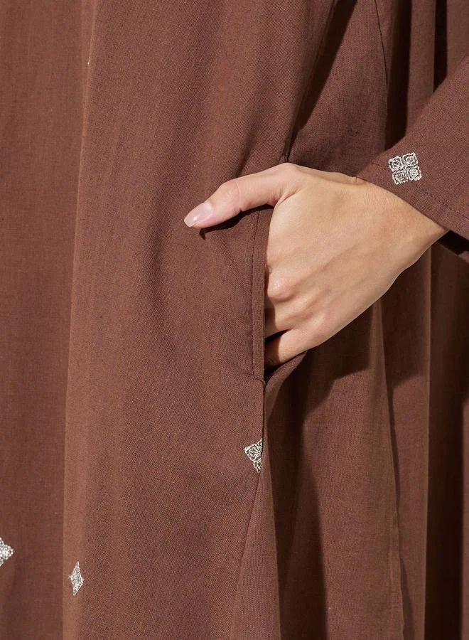 Amirah  Brown Long Sleeves Embroidered Maxi Jalabiya for Women | Best Price UAE