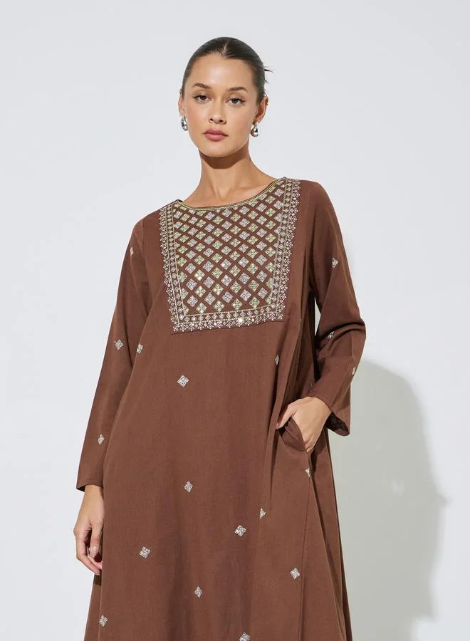 Amirah Brown Long Sleeves Embroidered Maxi Jalabiya