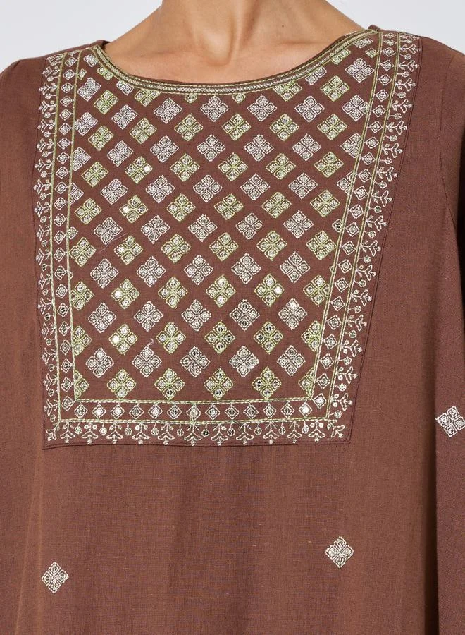 Amirah  Brown Long Sleeves Embroidered Maxi Jalabiya for Women | Best Price UAE