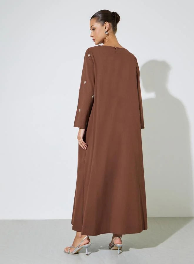Amirah  Brown Long Sleeves Embroidered Maxi Jalabiya for Women | Best Price UAE